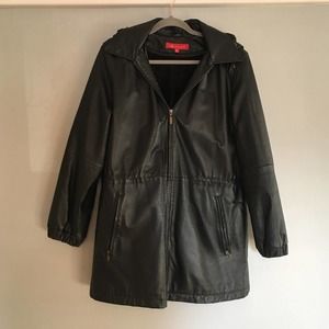 Anne Klein Leather Jacket Black Size Small Hood Lined